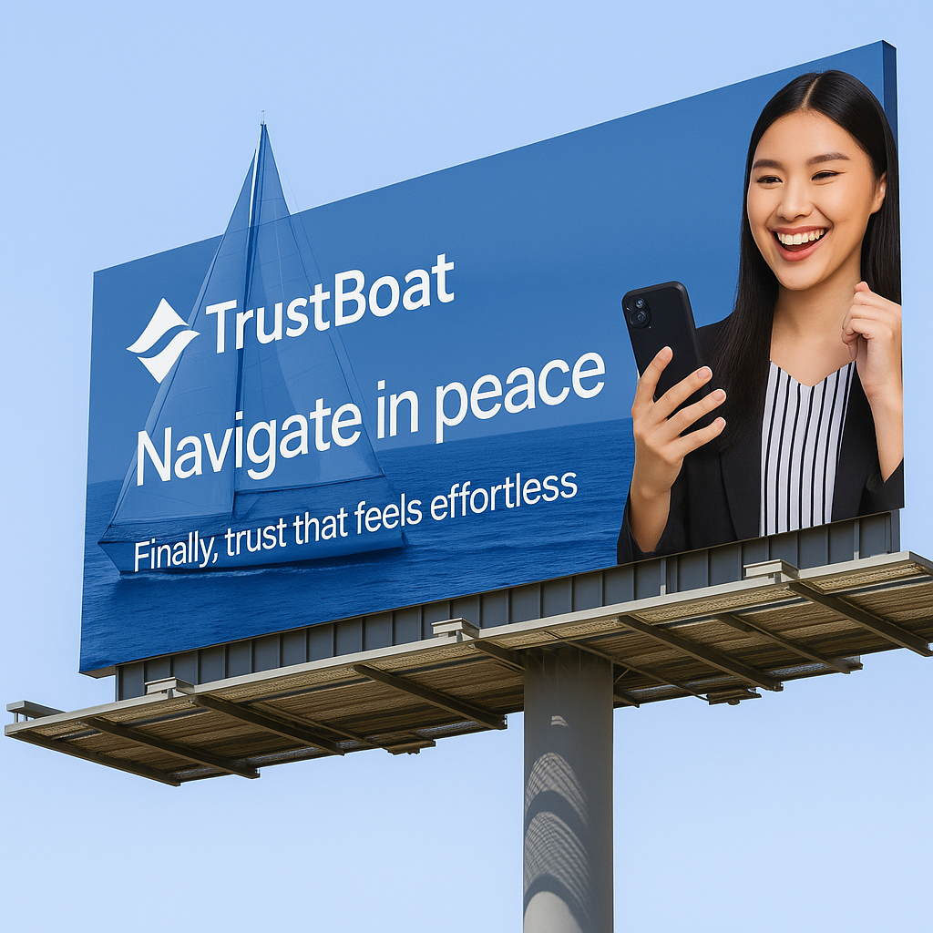 Panneau publicitaire TrustBoat avec femme souriante et smartphone