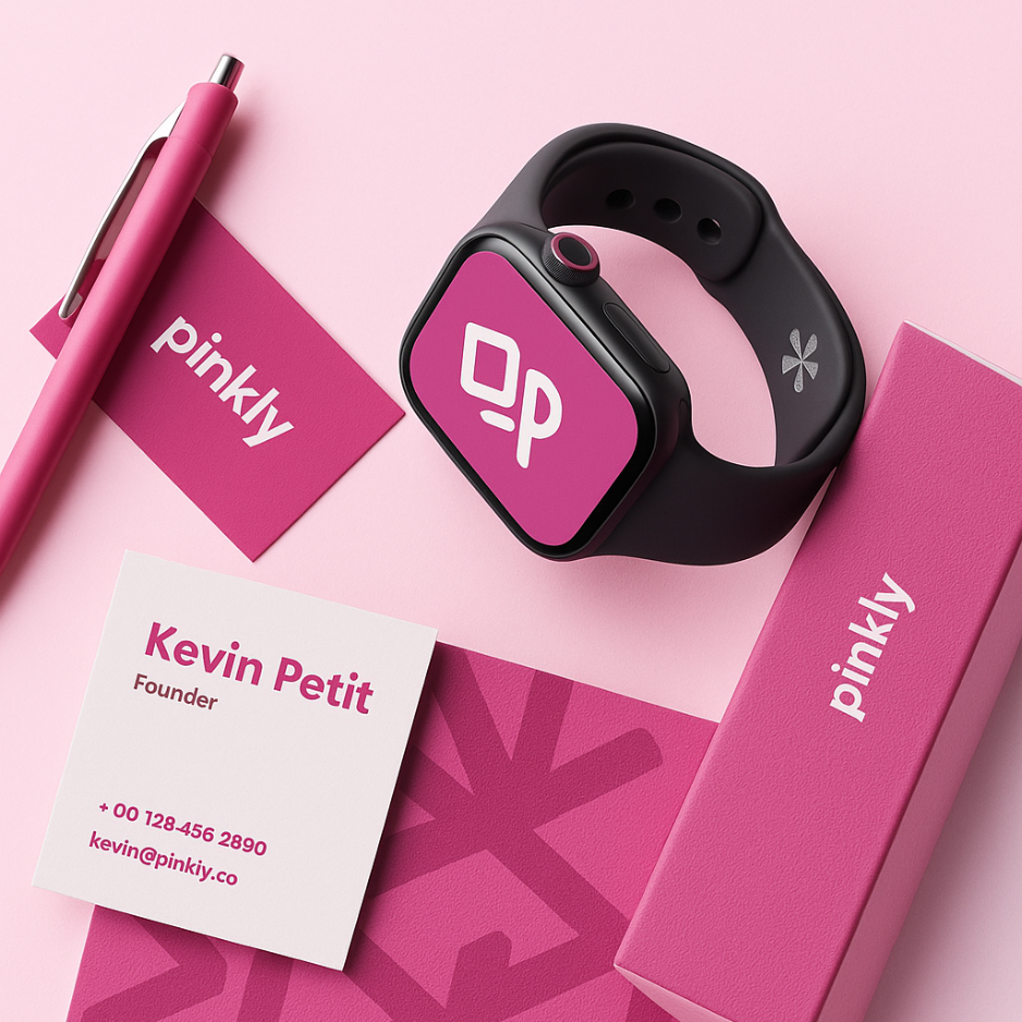 Matériel de branding moderne rose avec smartwatch, carte de visite et packaging Pinkly