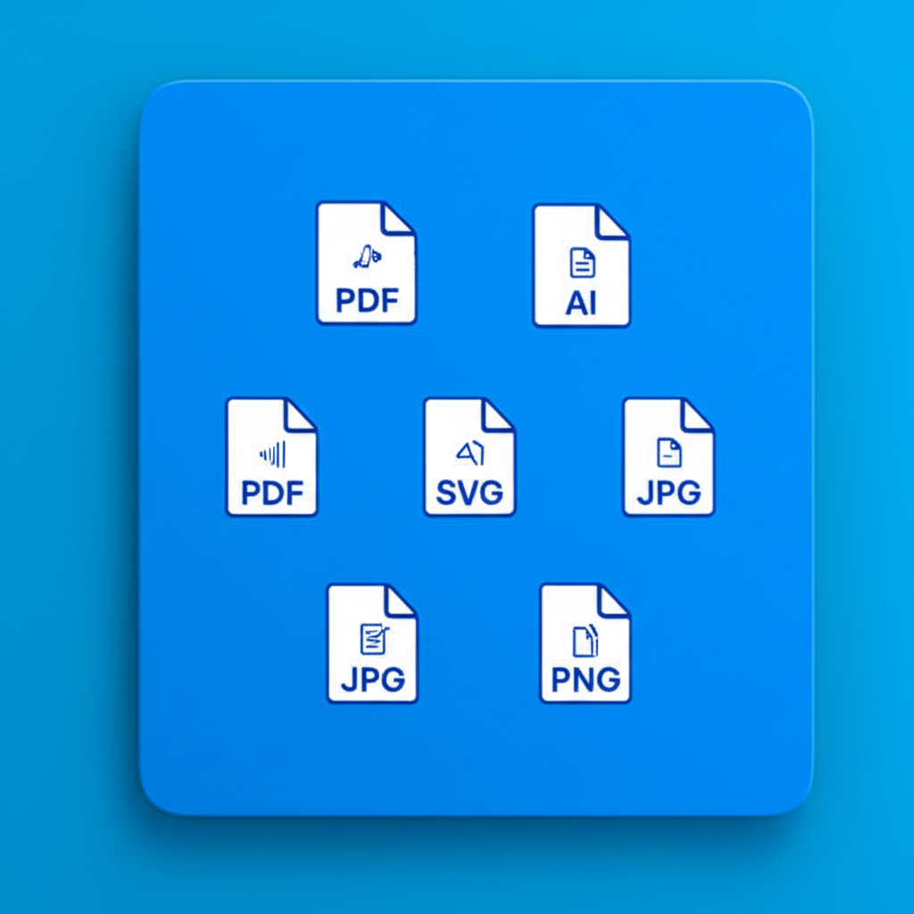 Icônes représentant divers formats de fichiers sources (PDF, AI, SVG)